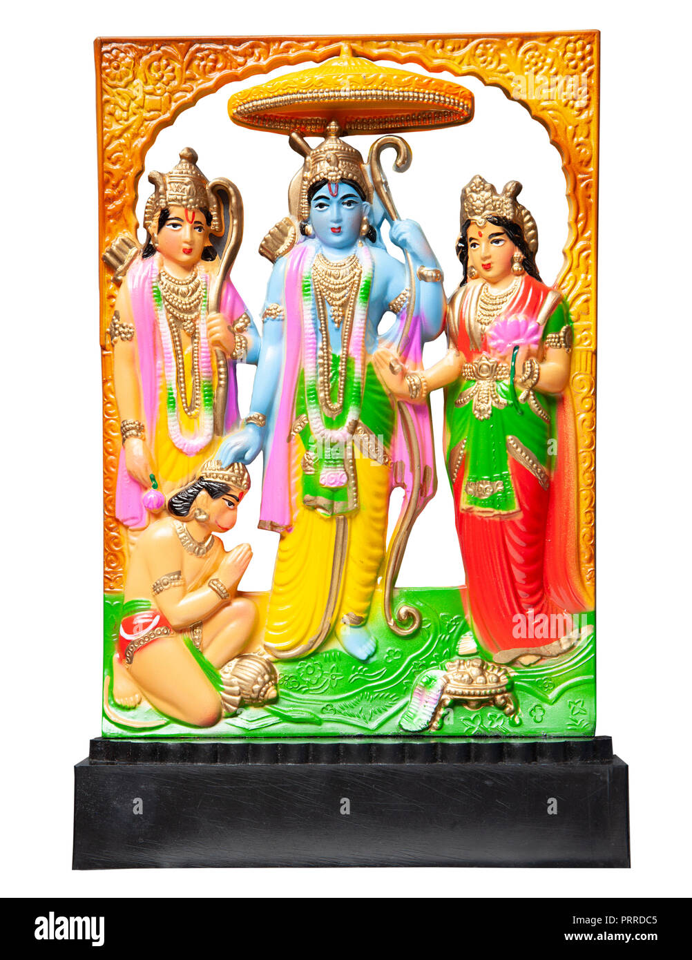 Autonoma di piccole dimensioni Ram Darbar scultura, un religioso indù artefatto con Sri Ram, Sita, Lakshman e Hanuman la scimmia dio. Dall'epica Ramayana. Foto Stock