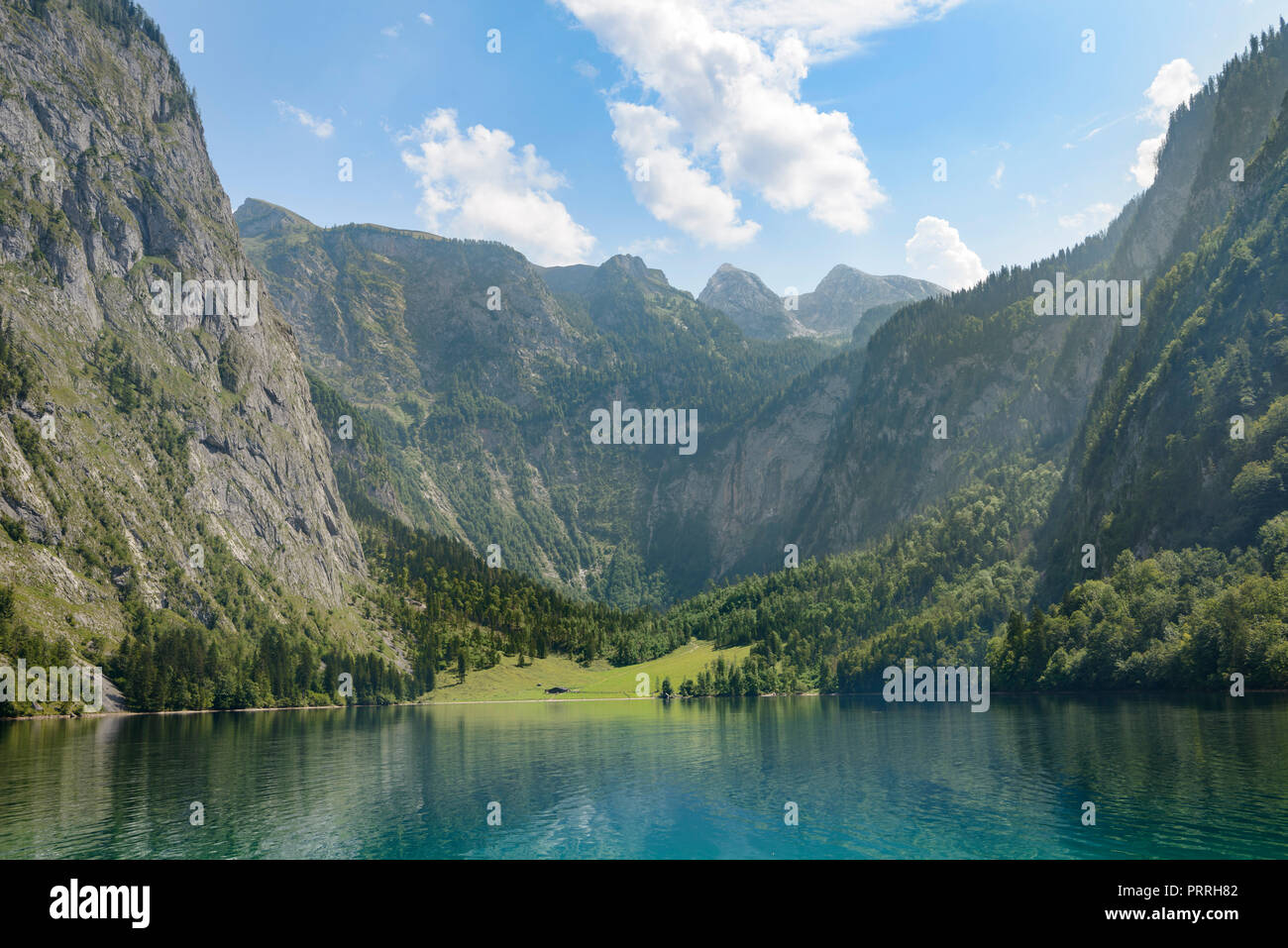 Obersee, lago di montagna, il paesaggio di montagna, Salet am Königssee, Parco Nazionale di Berchtesgaden, Berchtesgadener Land Foto Stock