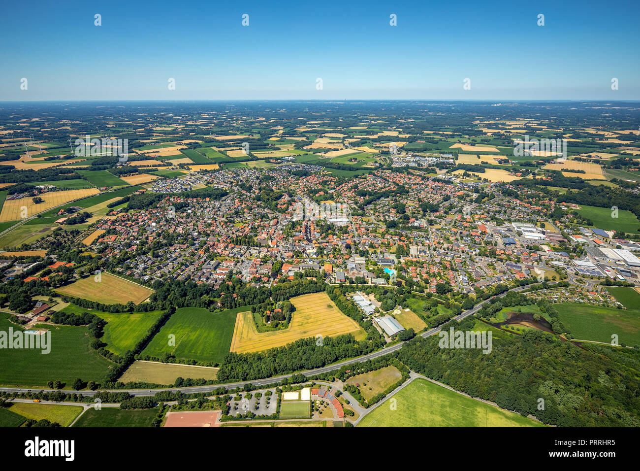 Panoramica Ostbevern, Münsterland, Renania settentrionale-Vestfalia, Germania Foto Stock