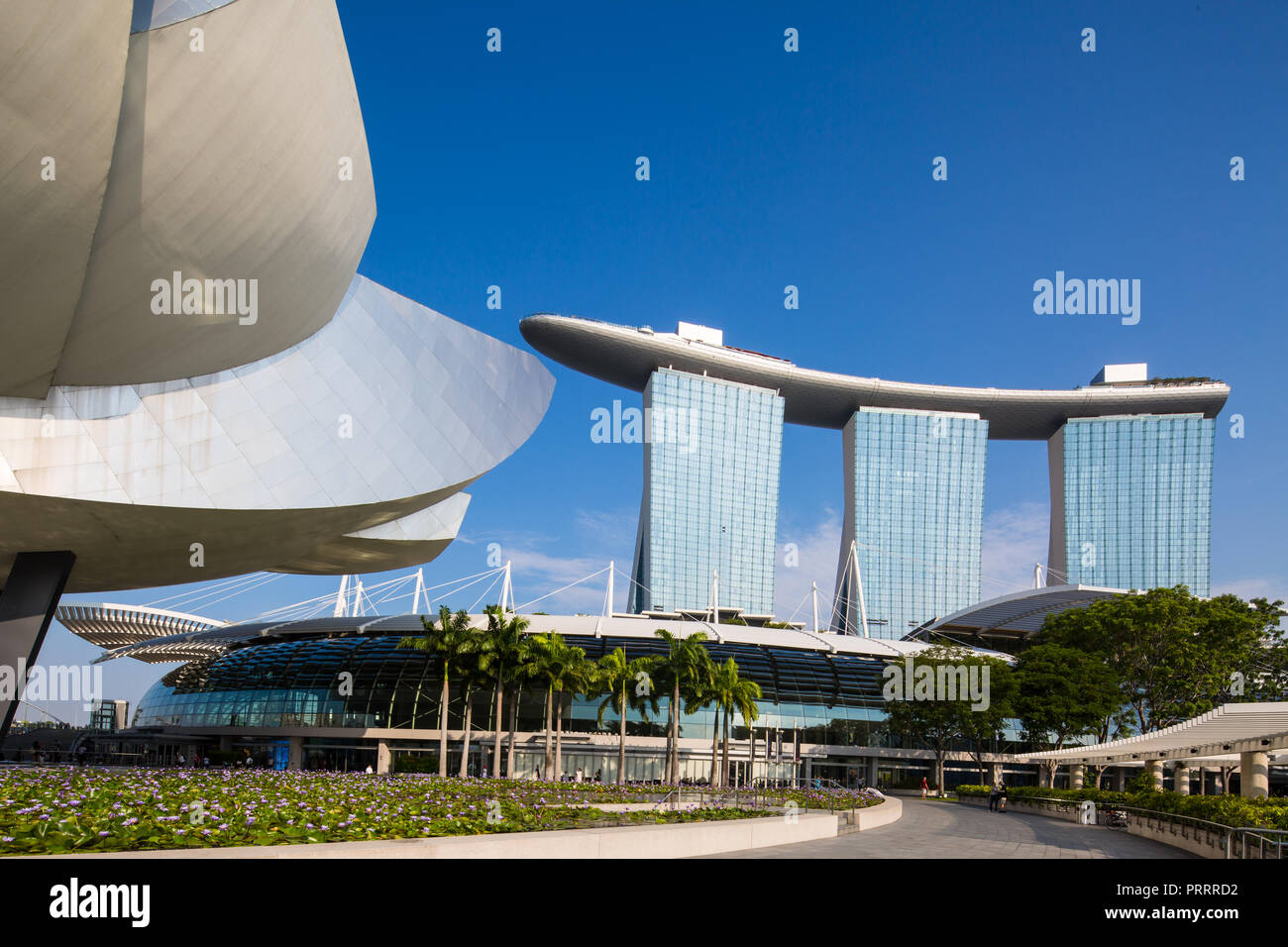 Architettura vista di Marina Bay Sands e arte del Museo della Scienza di Singapore Foto Stock