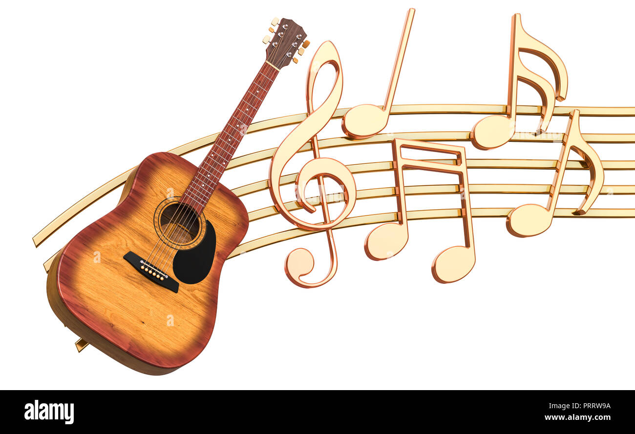 Concetto musicale. Chitarra in legno con note musicali, 3d rendering  isolati su sfondo bianco Foto stock - Alamy