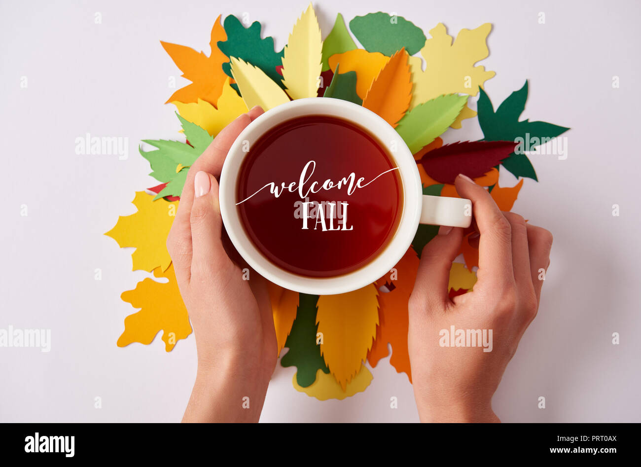 Vista parziale di donna azienda tazza di tè caldo con 'Benvenuto autunno" scritte colorate foglie papercrafted Foto Stock