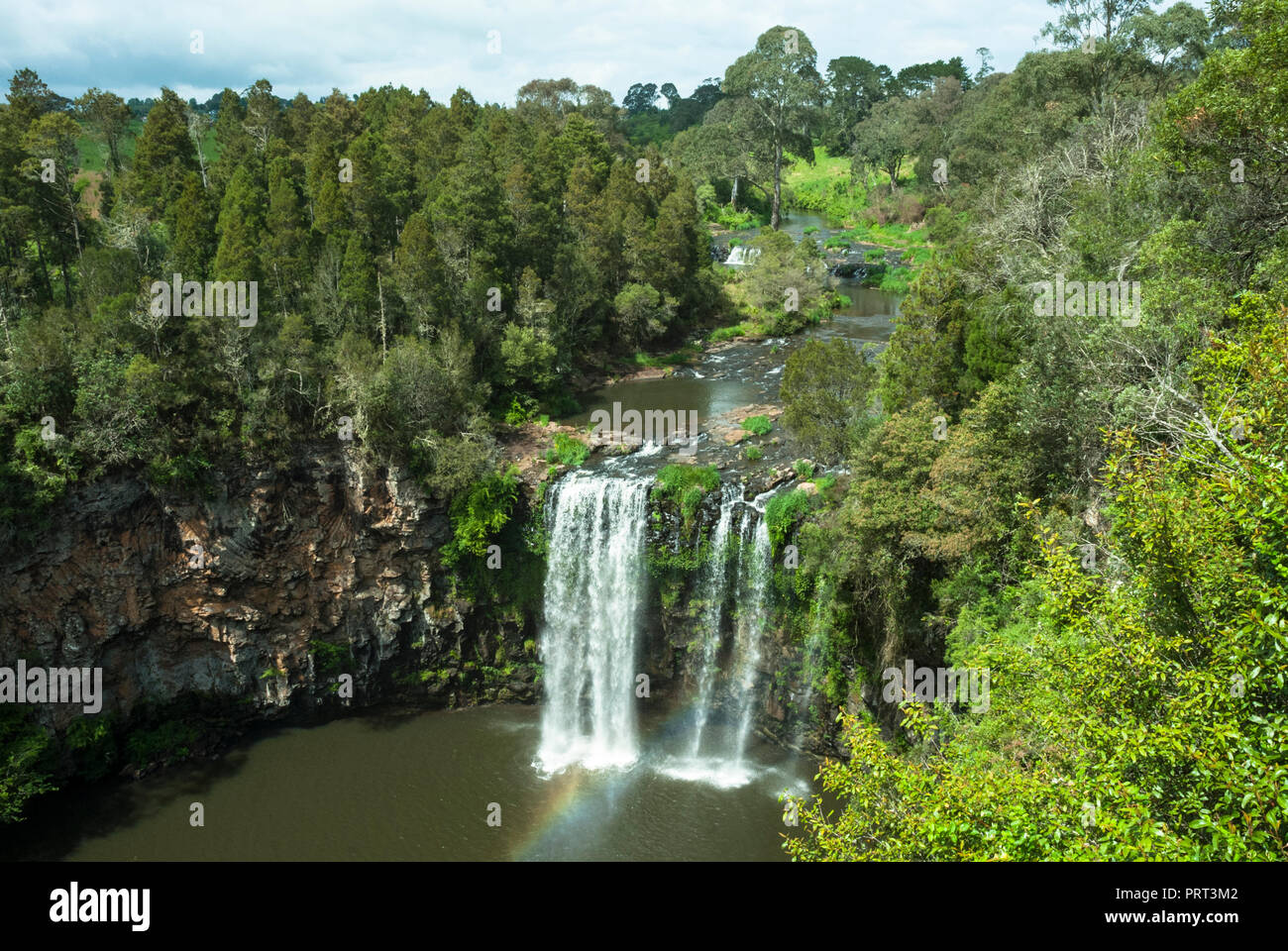 Una vista di Dangar cade con un arcobaleno come la cascata cade in una piscina sottostante, circondata da una foresta a Dorrigo National Park, Australia. Foto Stock