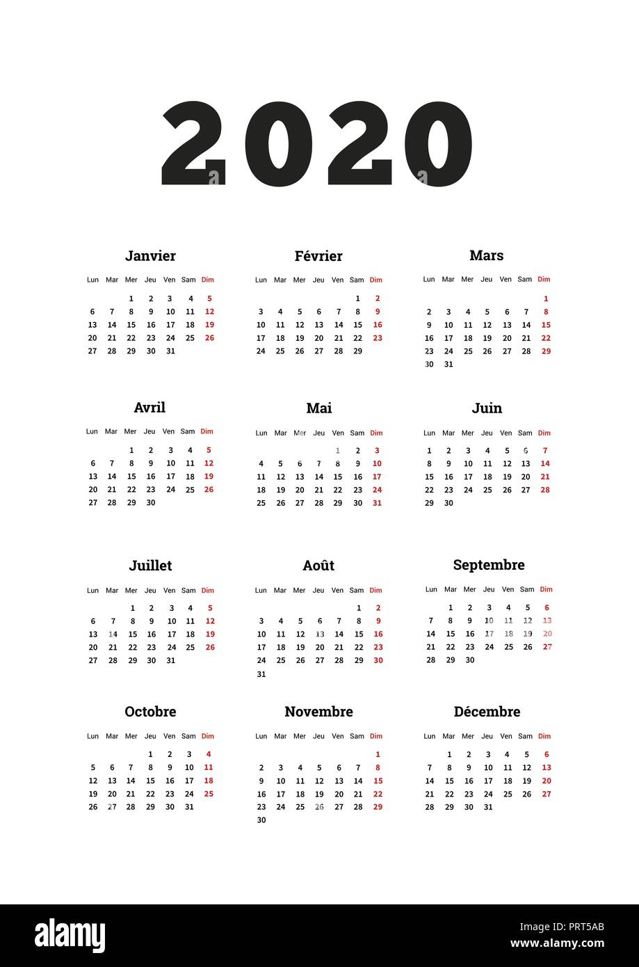 2020 anno di calendario semplice sulla lingua francese, formato A4 foglio verticale isolato su bianco Illustrazione Vettoriale