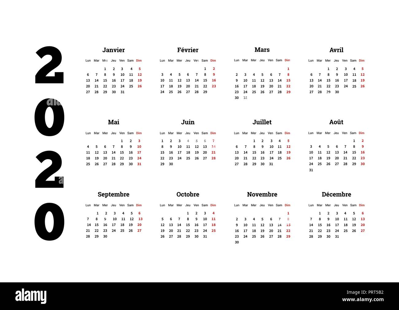 2020 anno di calendario semplice sulla lingua francese, isolato su bianco Illustrazione Vettoriale