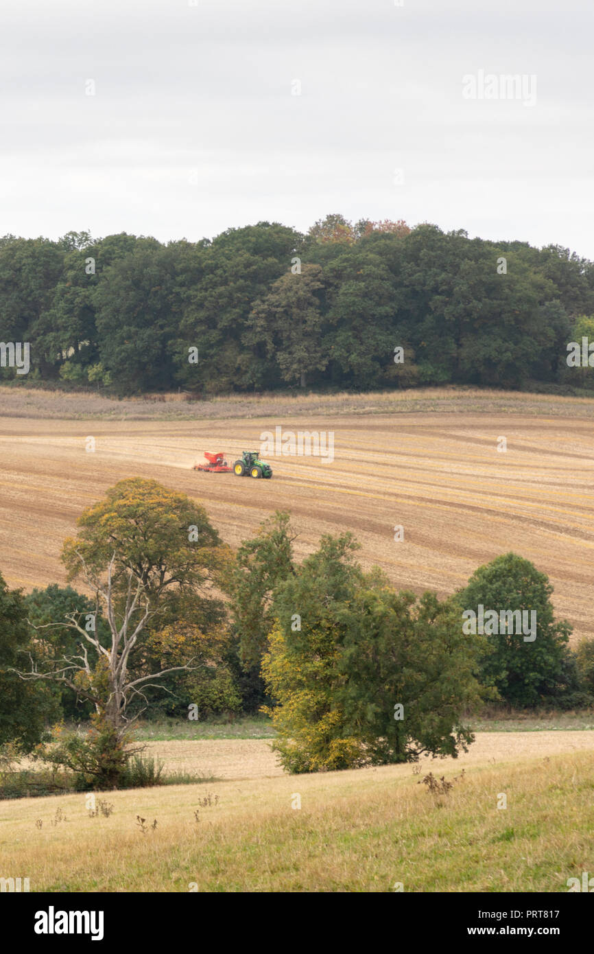 Un pendio erboso pendii verso il basso per alcuni alberi le cui foglie stanno girando colori dorati. Un trattore in un campo è tirando un pezzo di rosso di macchinari agricoli. Foto Stock