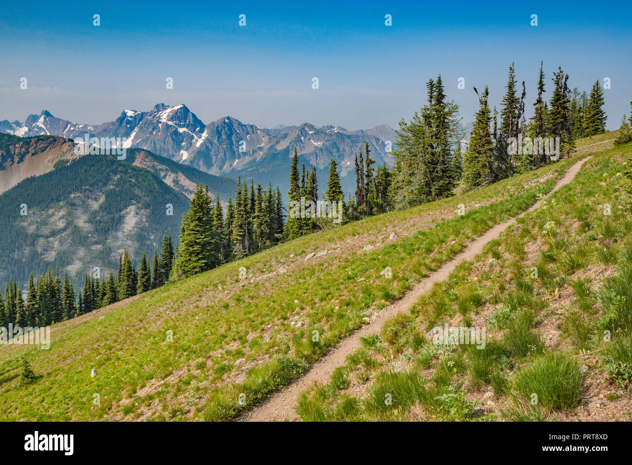 Montare Ballard, Azurite picco in distanza, nella gamma Okanogan, ventoso Pass Trail, parte del Pacific Crest Trail, North Cascades, Washington, Stati Uniti d'America Foto Stock