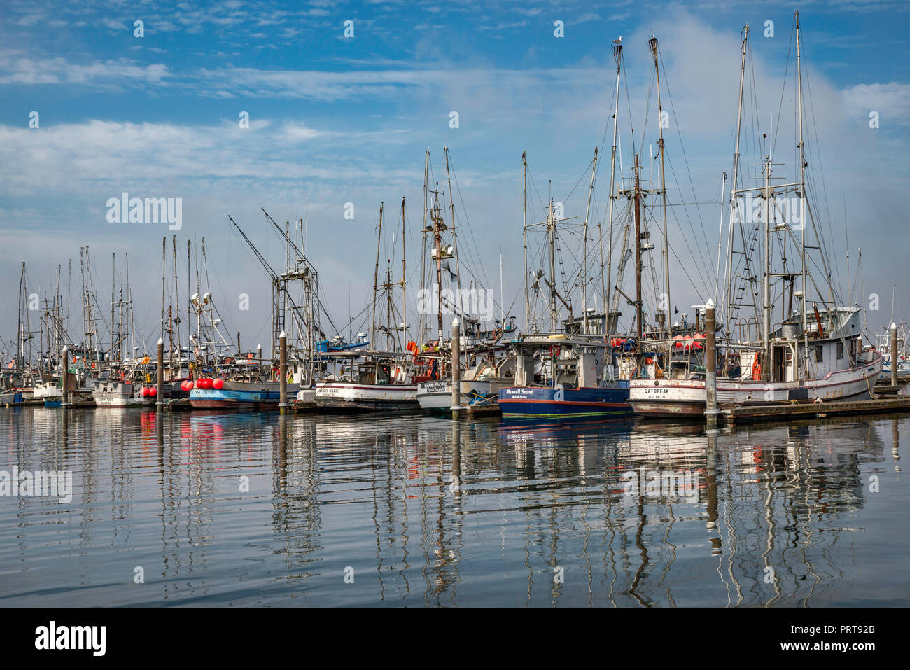 Barche da pesca in Makah Marina, Porto di Neah Bay, Makah Indian Reservation, Penisola Olimpica, nello stato di Washington, USA Foto Stock