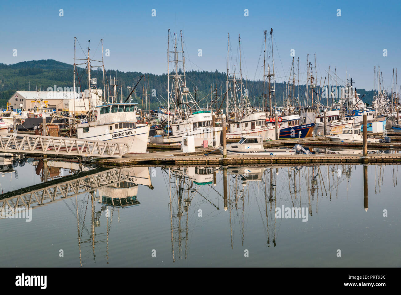 Barche da pesca in Makah Marina, Porto di Neah Bay, Makah Indian Reservation, Penisola Olimpica, nello stato di Washington, USA Foto Stock