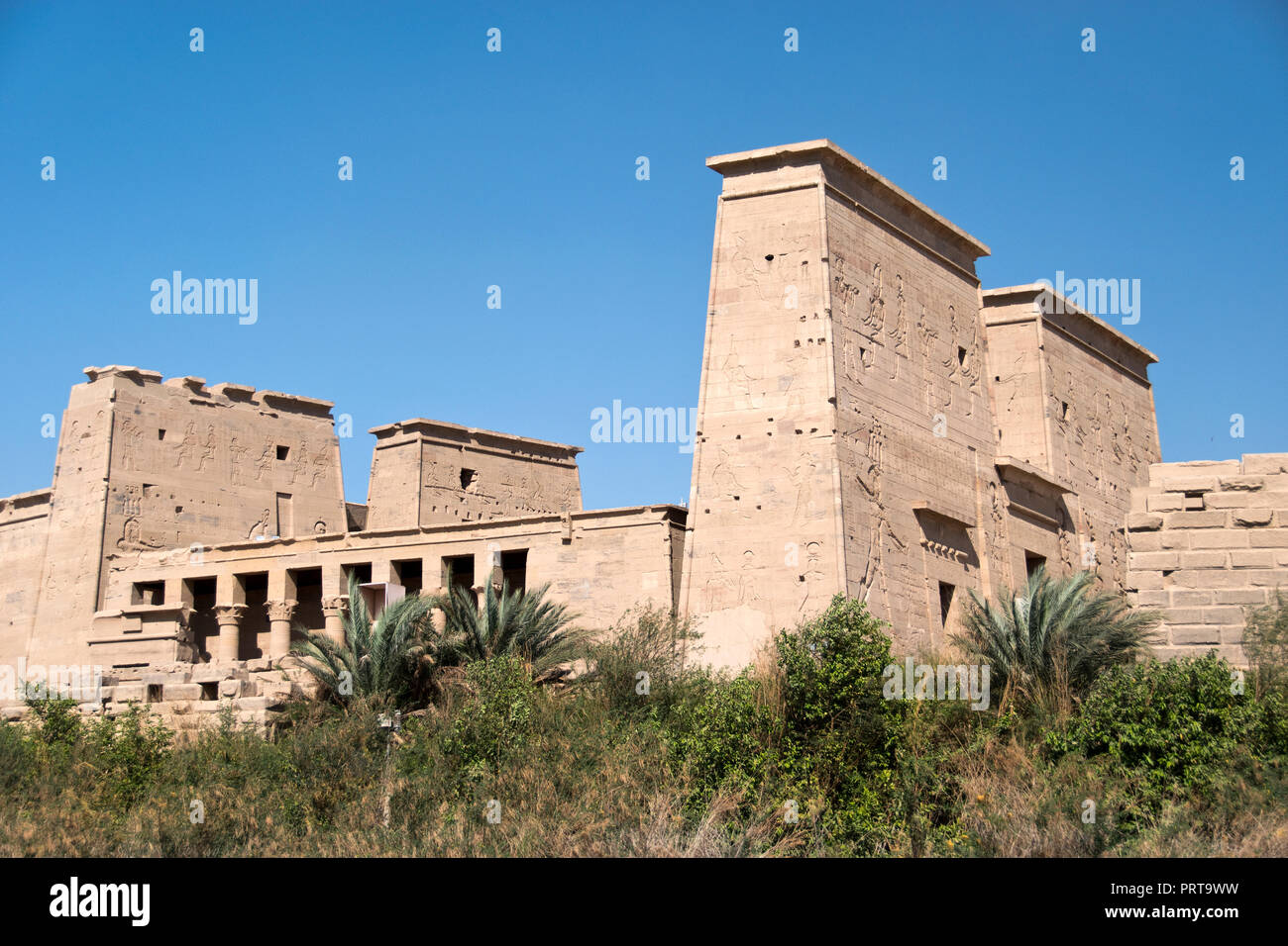 L'Egiziano complesso tempio di Philae, trasferito dall'UNESCO di Isola di Agilkia dovute alle inondazioni del Nilo causata da la vecchia diga di Assuan, Aswan, Egitto. Foto Stock