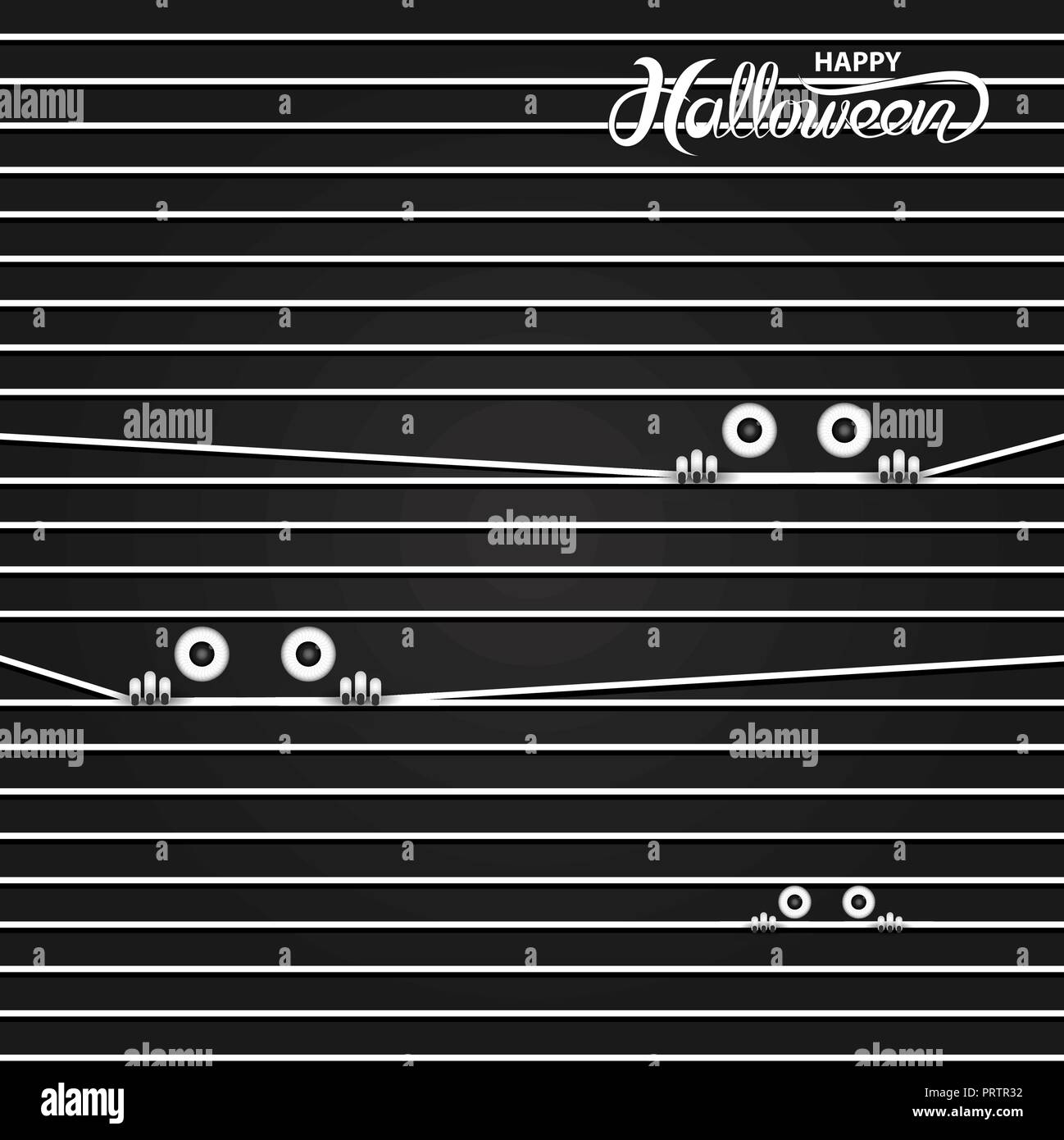 Big Eye peer attraverso la tenda.happy Halloween vettore calligrafia banner.Halloween dolcetto o scherzetto celebrazione di partito.Holiday scritte,calligraphy per ba Illustrazione Vettoriale