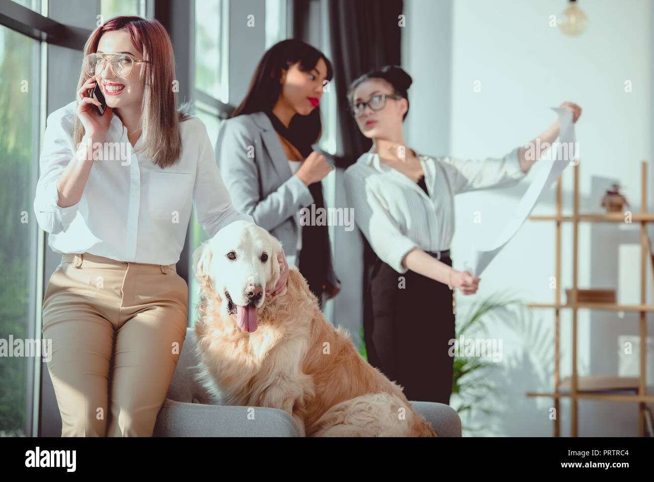 Imprenditrice parlando sullo smartphone mentre petting cane durante il lavoro in ufficio Foto Stock