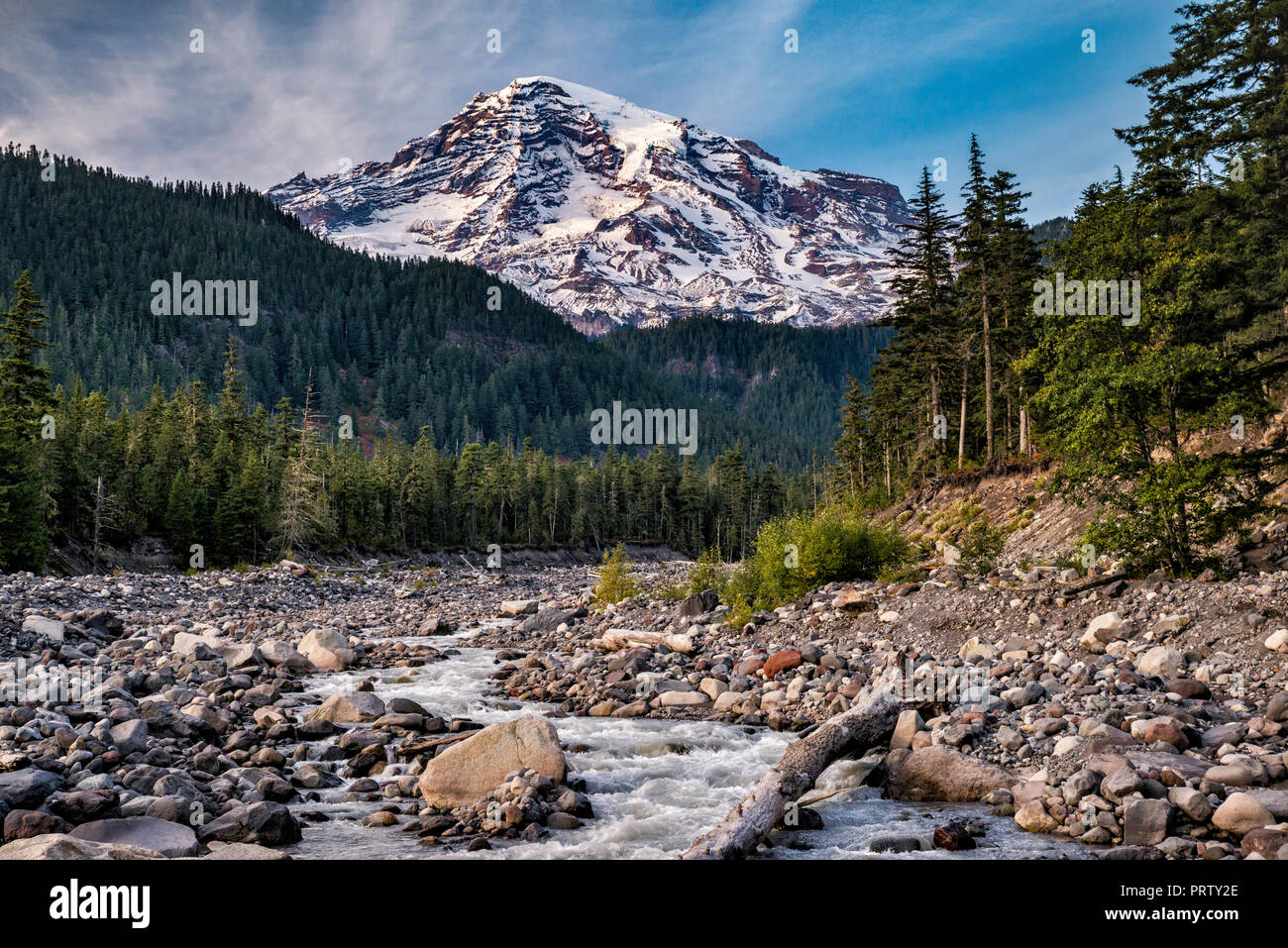 Mount Rainier al tramonto, Nisqually fiume, verso la fine di settembre, il Parco Nazionale del Monte Rainier, nello stato di Washington, USA Foto Stock