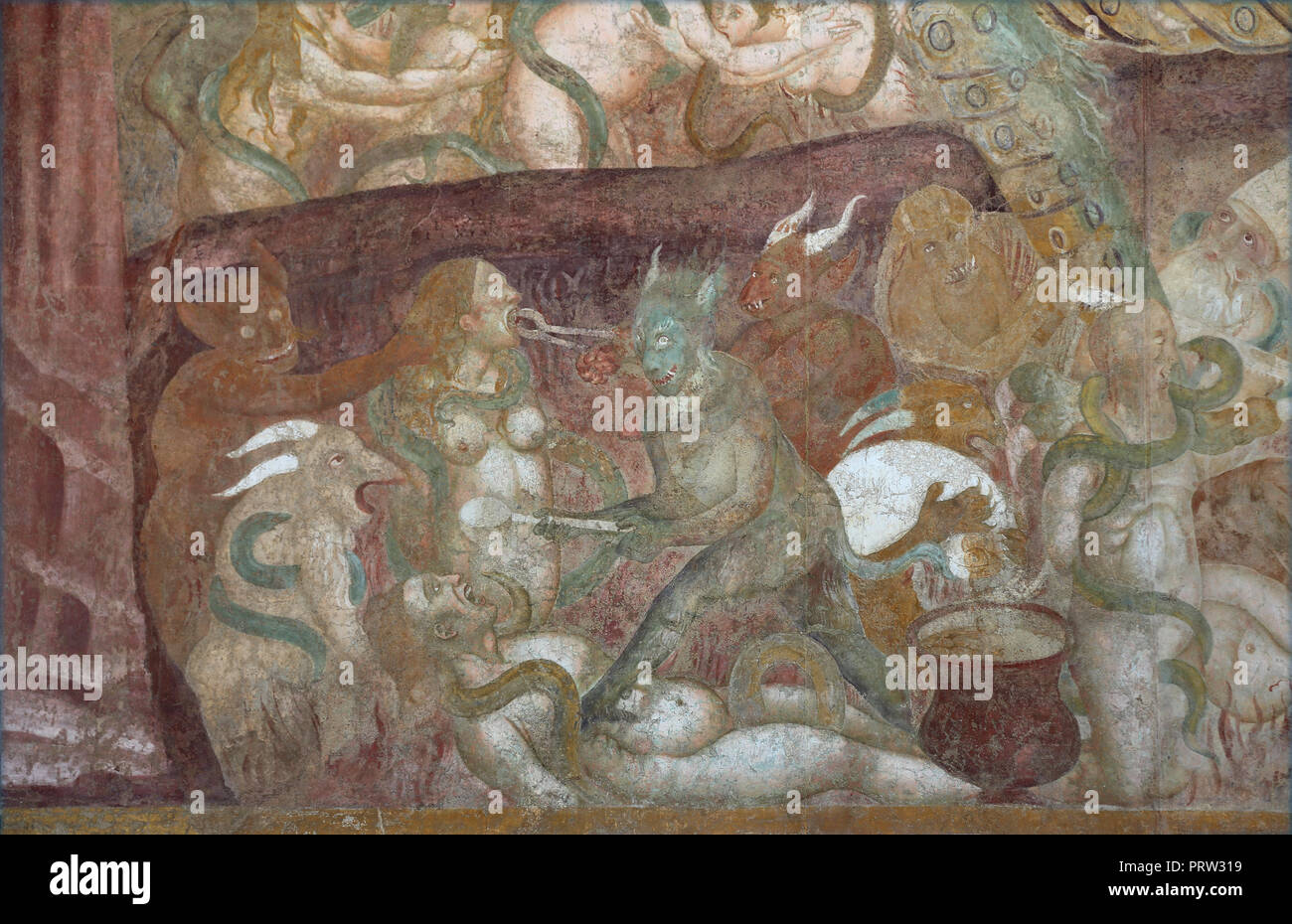 Buonamico Buffalmacco. Il Trionfo della morte. Dettaglio "l'inferno". Tormenti. 1338-39. Il Camposanto. Pisa. L'Italia. Foto Stock