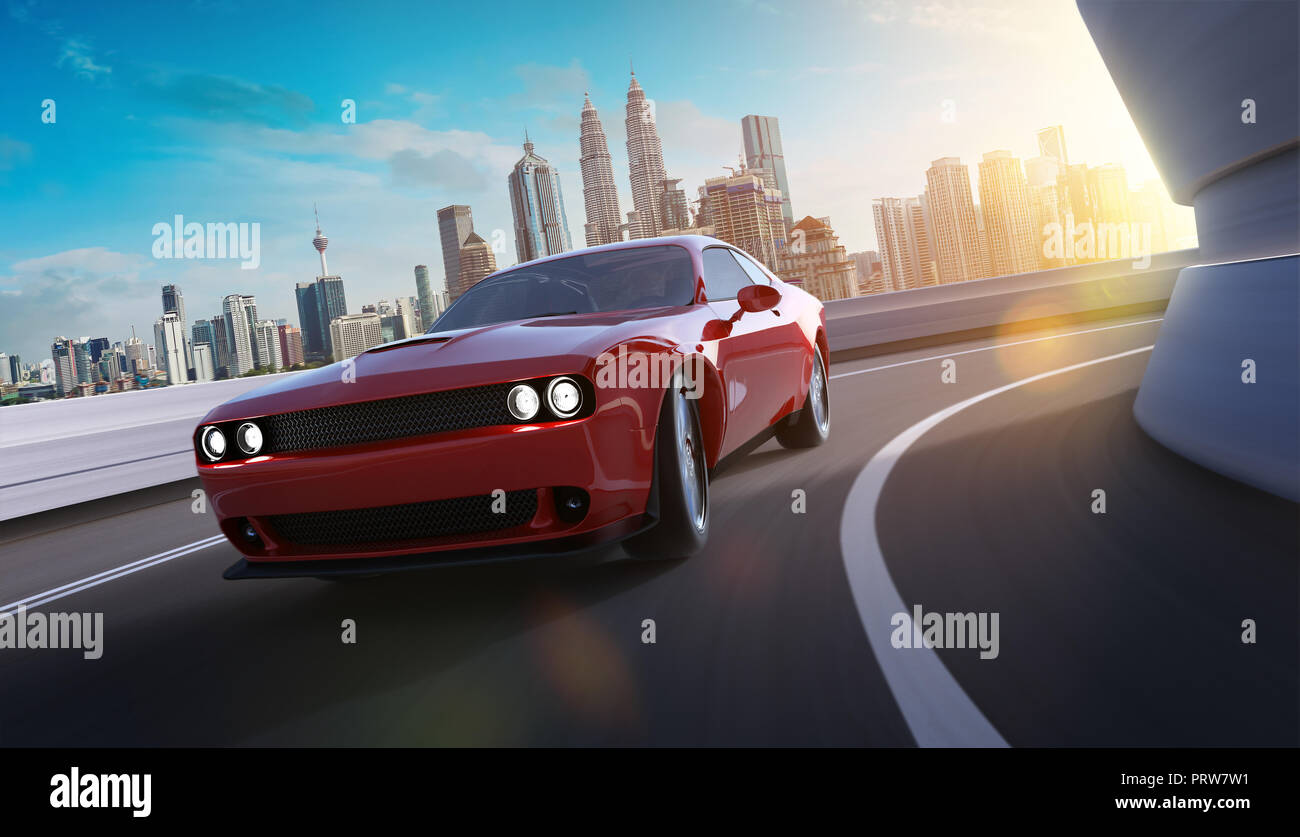 Vista anteriore angolare di un generico red brandless American muscle car in una città strada con motion blur . Il concetto di trasporto . Il rendering 3D . Mixe Foto Stock