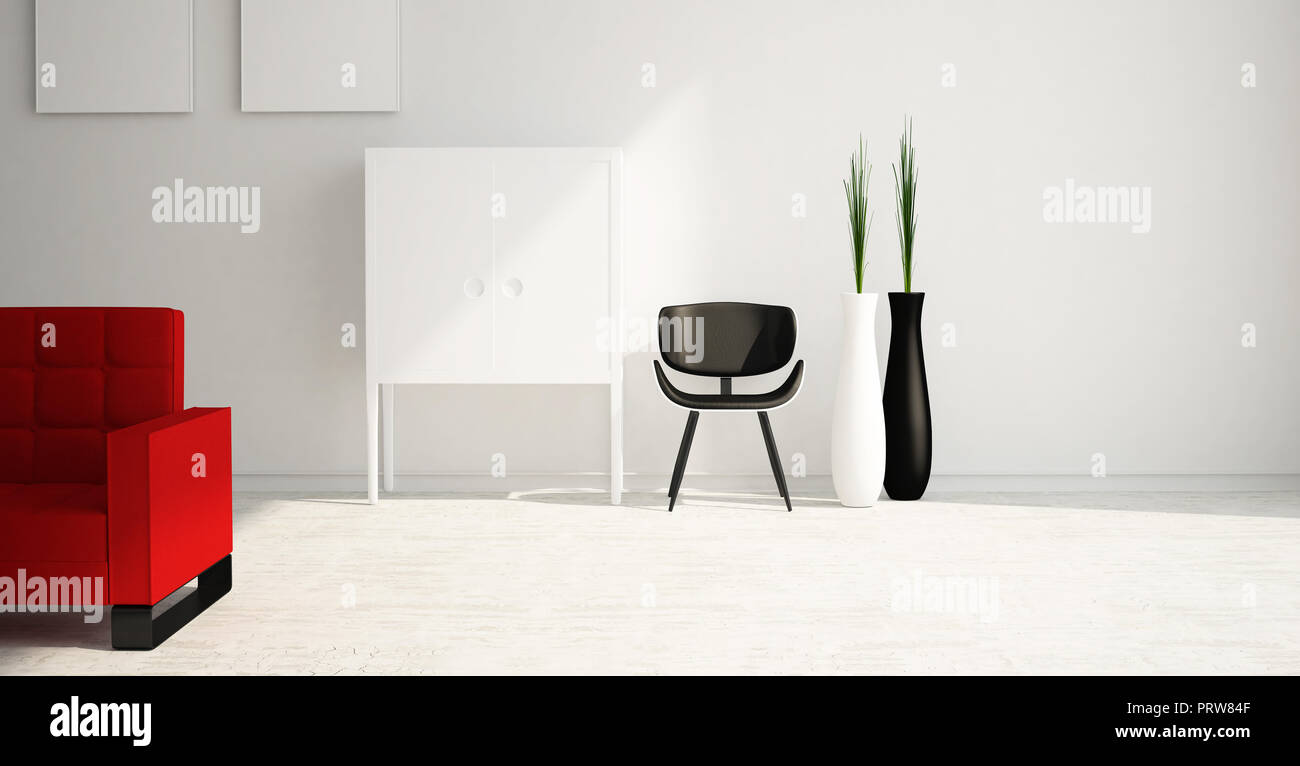 Moderno e minimalista interni luminosi di salotto con divano rosso e bianco mobili . Il rendering 3D . Foto Stock