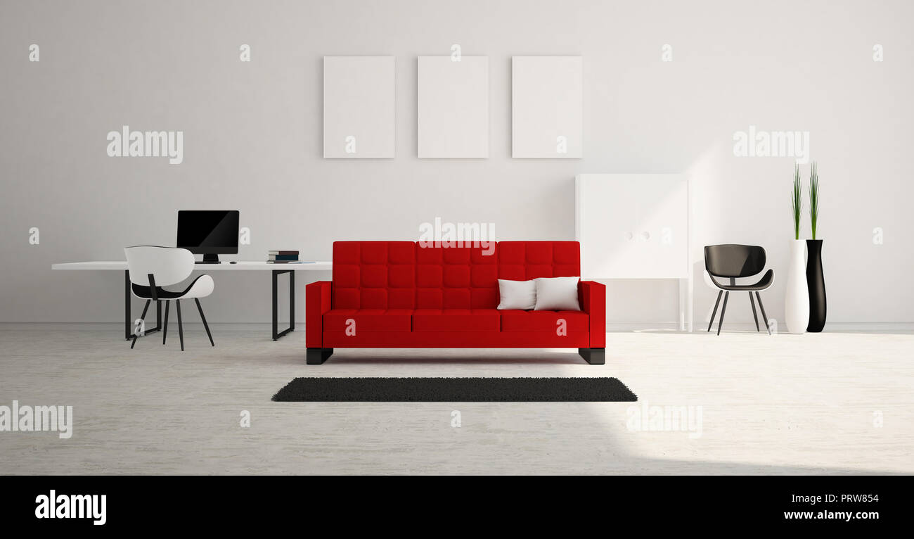 Moderno e minimalista interni luminosi di salotto con divano rosso e bianco mobili . Il rendering 3D . Foto Stock