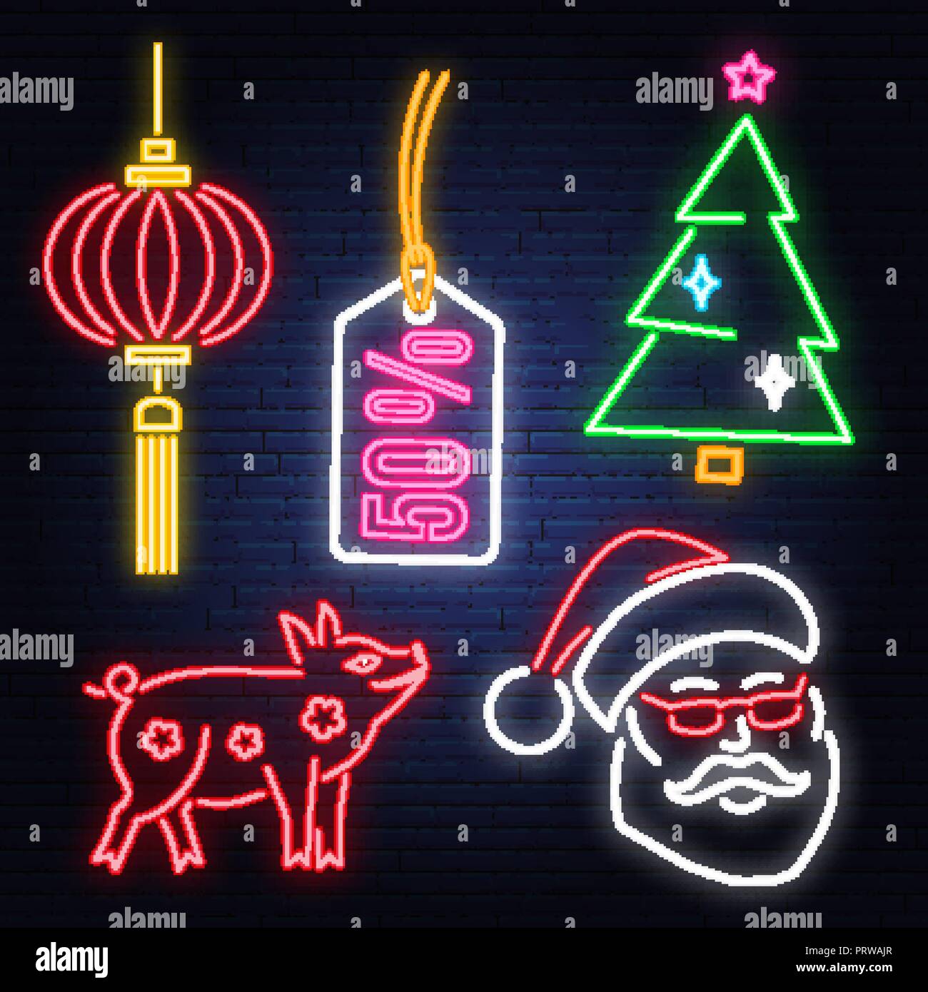 Buon Natale Lighted Sign.Set Di Felice Anno Nuovo 2019 Insegna Al Neon Con Babbo Natale Maiale Albero Di Natale