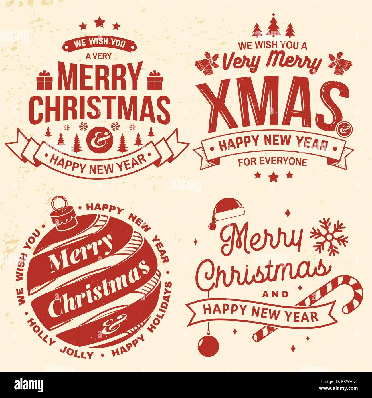 Set di Buon Natale e Felice Anno Nuovo timbro, adesivi con i fiocchi di neve appesi a palla di Natale, santa hat, CANDY. Vettore. Vintage design tipografia per Natale e Anno nuovo emblema in stile retrò. Illustrazione Vettoriale