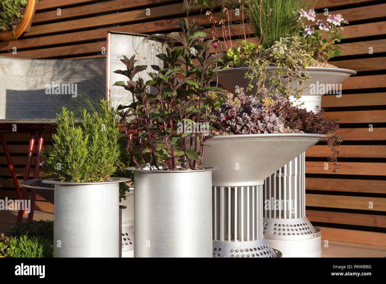 Piccolo spazio balcone urbano giardino moderno con piante erbe coltivate in insoliti contenitori di metallo riadattati rosmarino menta succulente mostra UK Foto Stock