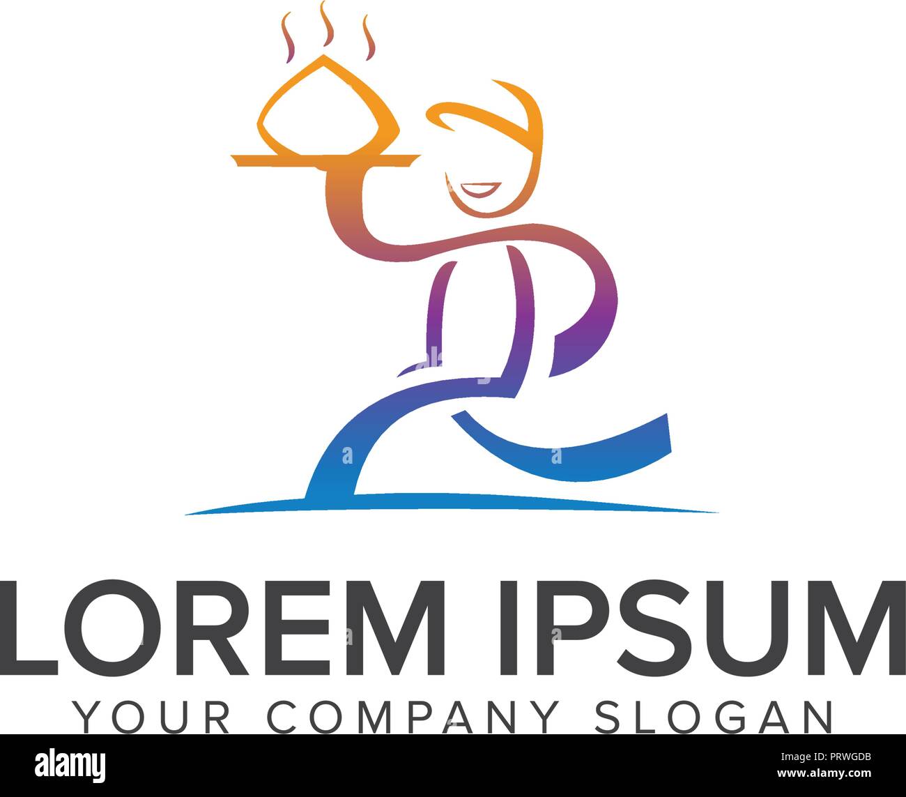 Vettore semplice piatto logo food. Ristorante, cafe, catering insignia. Icona di cibo. Uomo che corre con icona piatto isolato su sfondo bianco. Il fast food, attendere Illustrazione Vettoriale