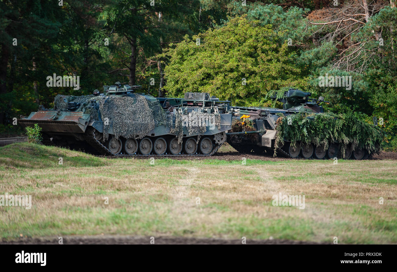 Munster, Bassa Sassonia. 28 Sep, 2018. La Bundeswehr blindato veicolo di recupero (l) del tipo 'Büffel' trainato su una fanteria corazzata combattimenti veicolo (r) del tipo 'Marder' durante la formazione informatica esercizio "Operazioni di Terra 2018'. Credito: Philipp Schulze/dpa/Alamy Live News Foto Stock