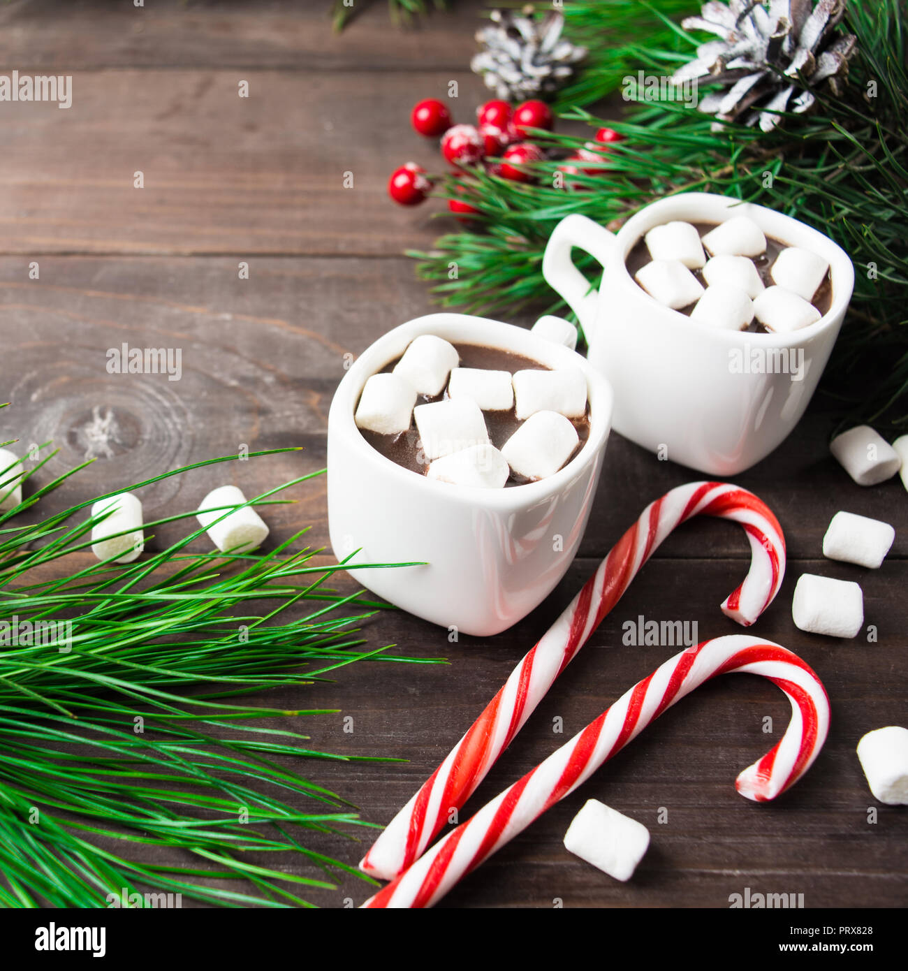 Bevanda calda con marshmallow e lecca lecca e abete decorazioni; square shot Foto Stock