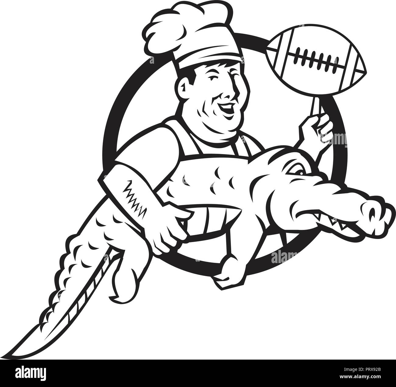 Icona di mascotte illustrazione di uno chef o cuoco fa roteare un american football palla mentre trasporta un gator o set di alligatore all'interno del cerchio in bianco e nero Illustrazione Vettoriale