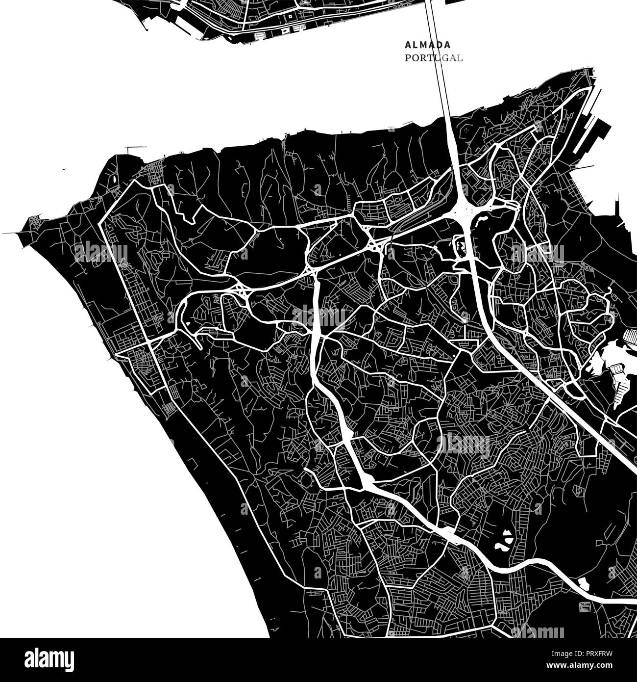 Mappa Area di Almada, Portogallo con tipici monumenti urbani come edifici, strade, vie navigabili e ferrovie nonché piccole strade e sentieri del parco. Ri Illustrazione Vettoriale