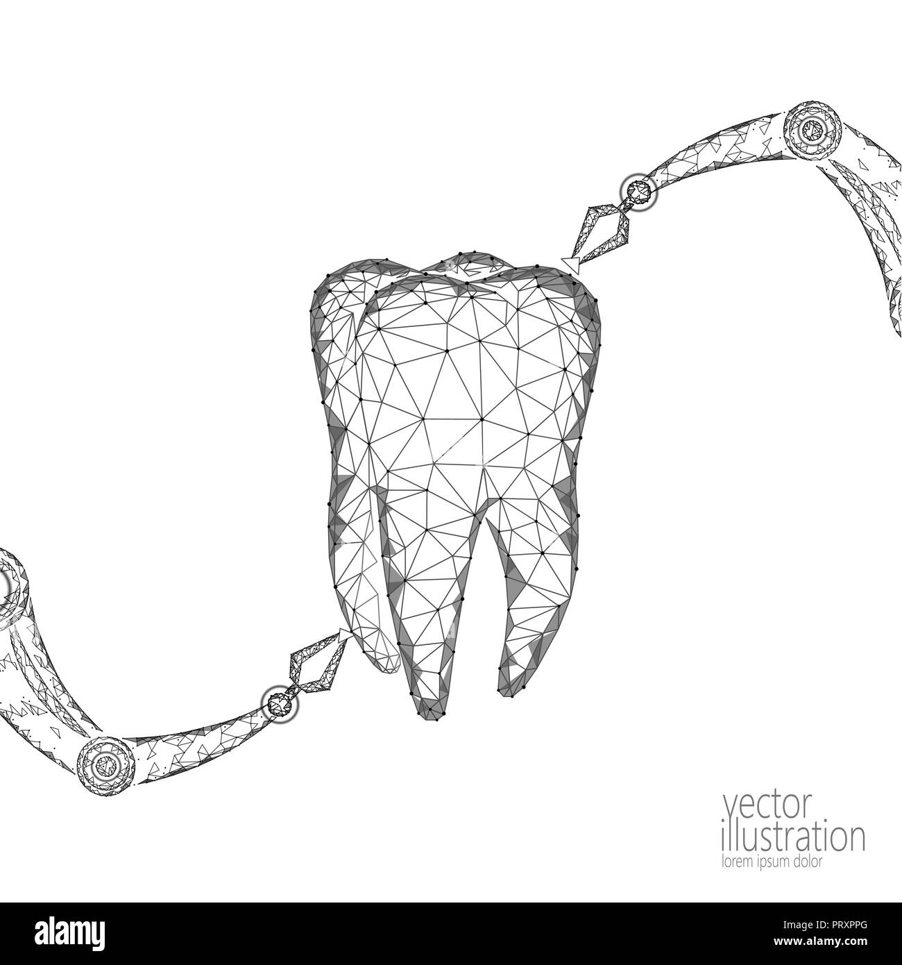 3d innovazione dente braccio robot concetto poligonale. Stomatologia simbolo bassa poli triangolo astratto dentale orale cure mediche business. Punto collegata moderna delle particelle bianche di rendering illustrazione vettoriale Illustrazione Vettoriale
