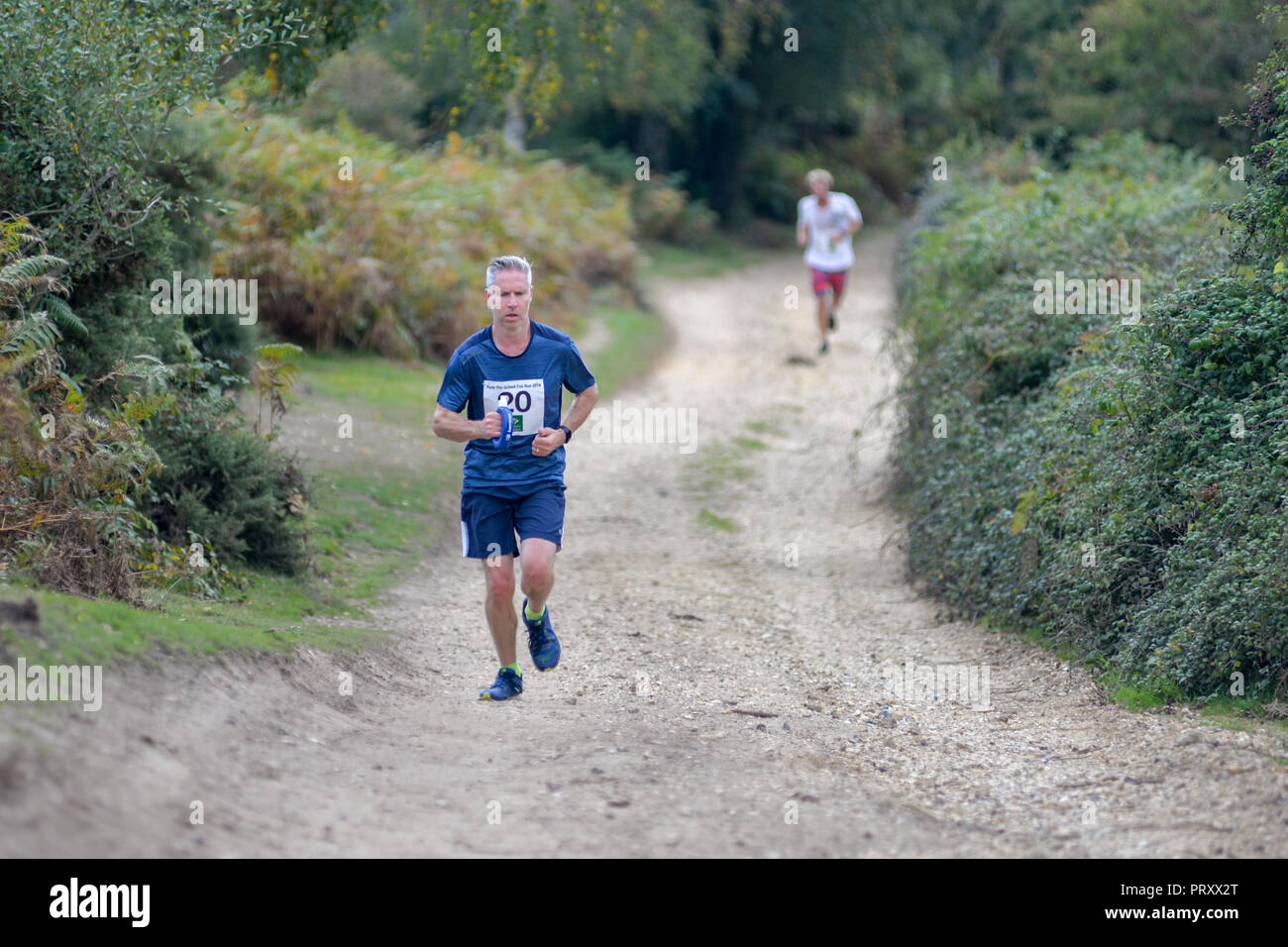 Guide di scorrimento in un dilettante cross country gara di corsa, New Forest, Hampshire, Regno Unito Foto Stock
