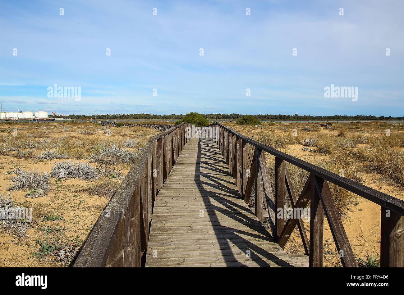 Passerella in legno sopra le dune di sabbia della spiaggia. Percorso di spiaggia in Huelva spiaggia, all'interno di un area naturale in Andalusia, Spagna con industrie chimiche in Foto Stock