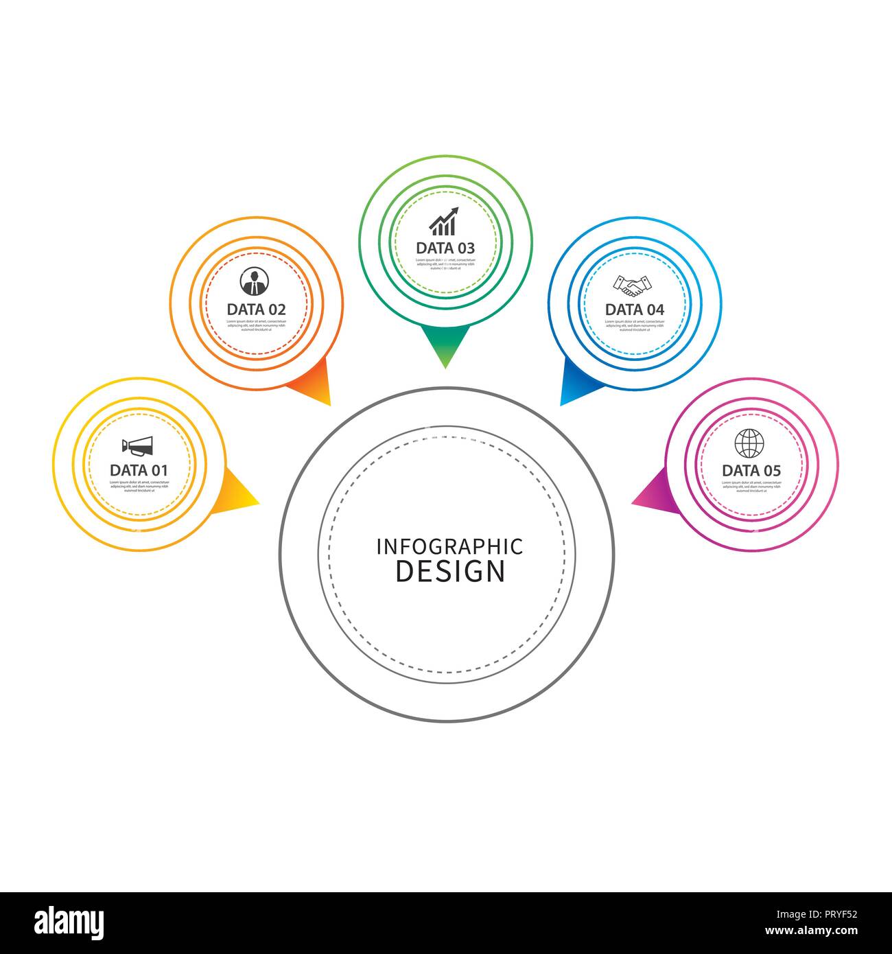 Cerchio Infographics linea sottile con 5 modello di dati. Illustrazione Vettoriale sfondo astratto. Può essere utilizzato per il layout di flusso di lavoro, business step, brochure, Illustrazione Vettoriale