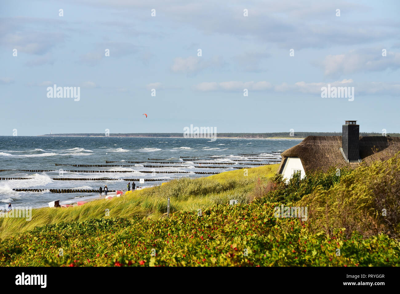 Pennelli in mare ondeggiante, casa di paglia al Mar Baltico beach, Ahrenshoop, Fischland, Fischland-Darß-Zingst Foto Stock