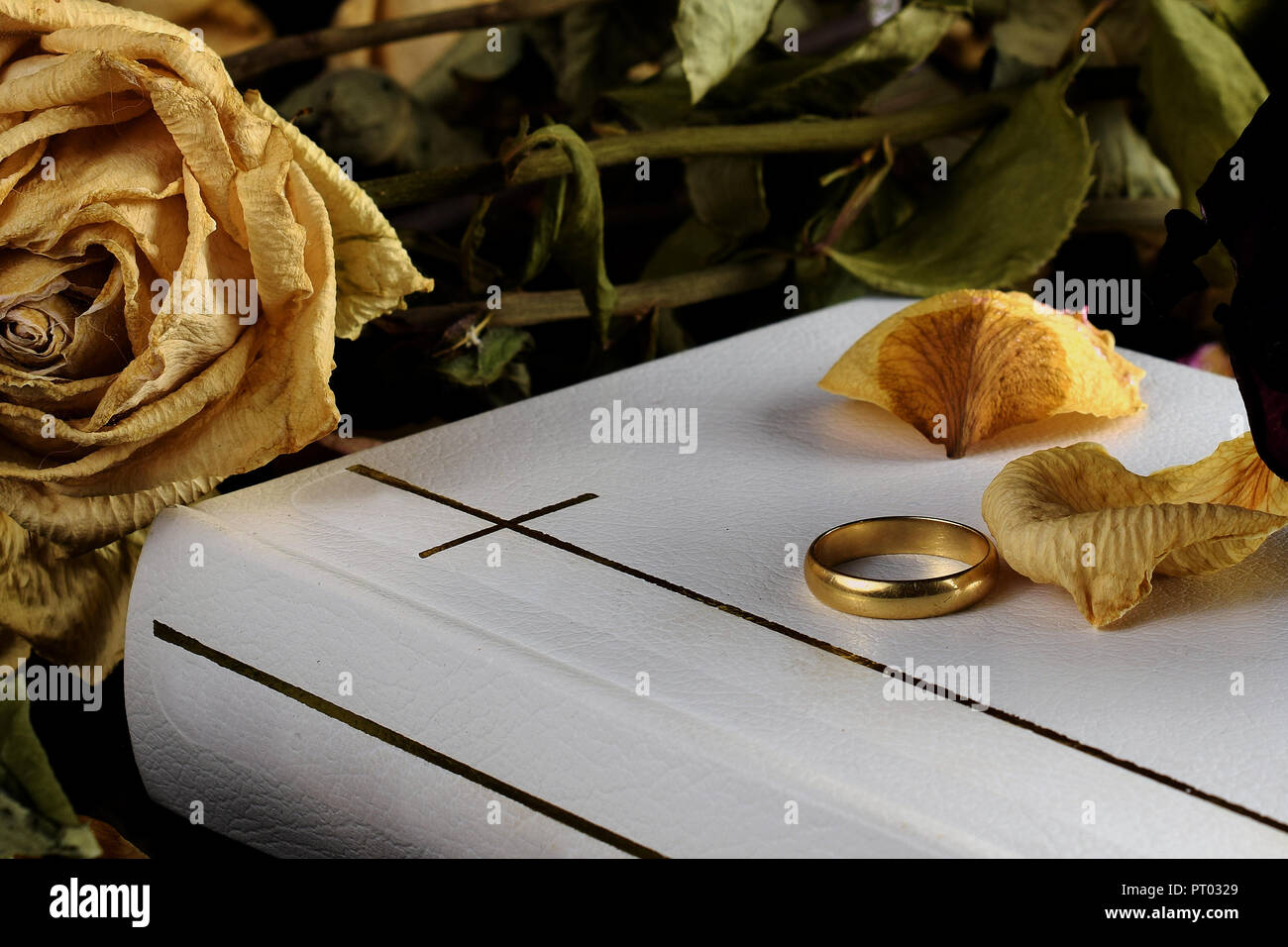 White Sacra Bibbia, un anello di nozze e asciugare le rose. Bella ma toccanti immagine concettuale per decesso, matrimonio, divorzio e voti di nozze. Foto Stock