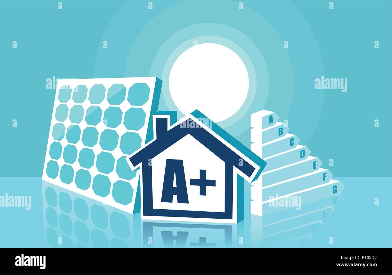 Illustrazione grafica della casa moderna con pannelli solari installati e un simbolo per la valutazione Illustrazione Vettoriale
