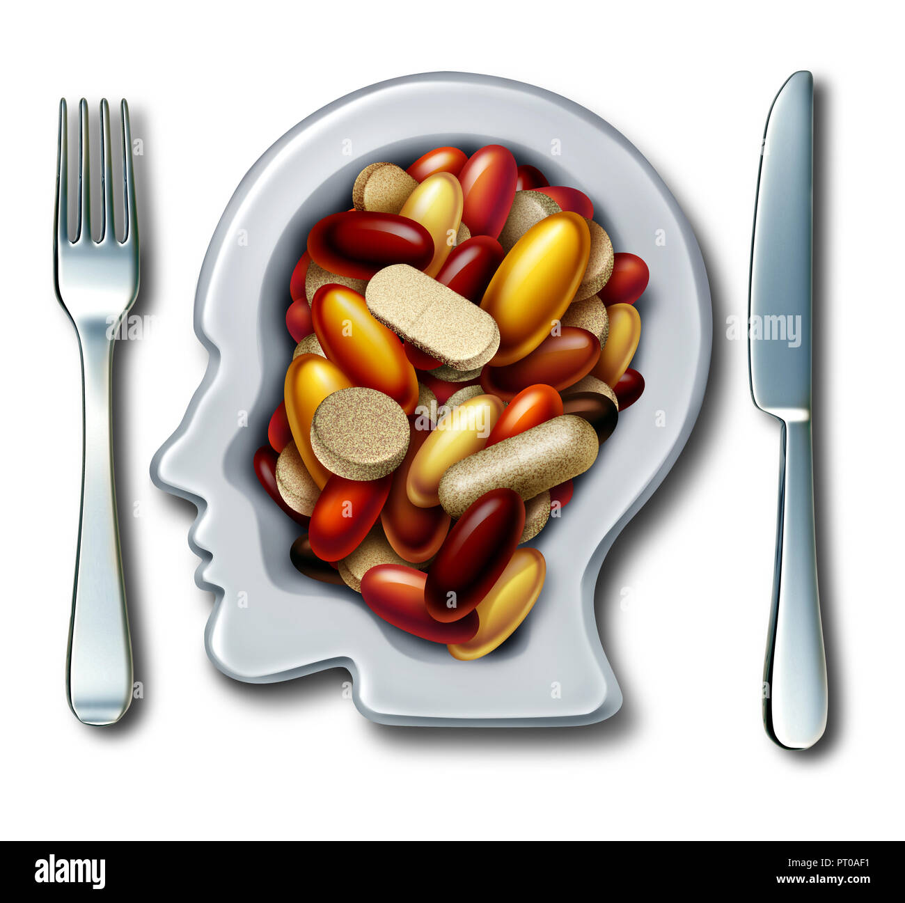 Integratori per la salute e la vitamina supplemento come una piastra sagomata come un essere umano con un gruppo di capsule e pastiglie come un nutriente naturale la medicina e la dieta. Foto Stock