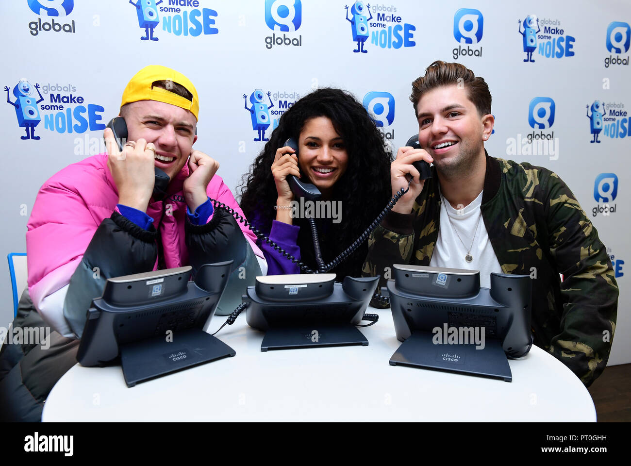 Roman Kemp, Vick speranza e Sonny Jay a Global di fare un po' di rumore appello giorno, istituito da Global, per raccogliere fondi per aiutare i bambini svantaggiati, i giovani e le loro famiglie in tutto il Regno Unito. Foto Stock