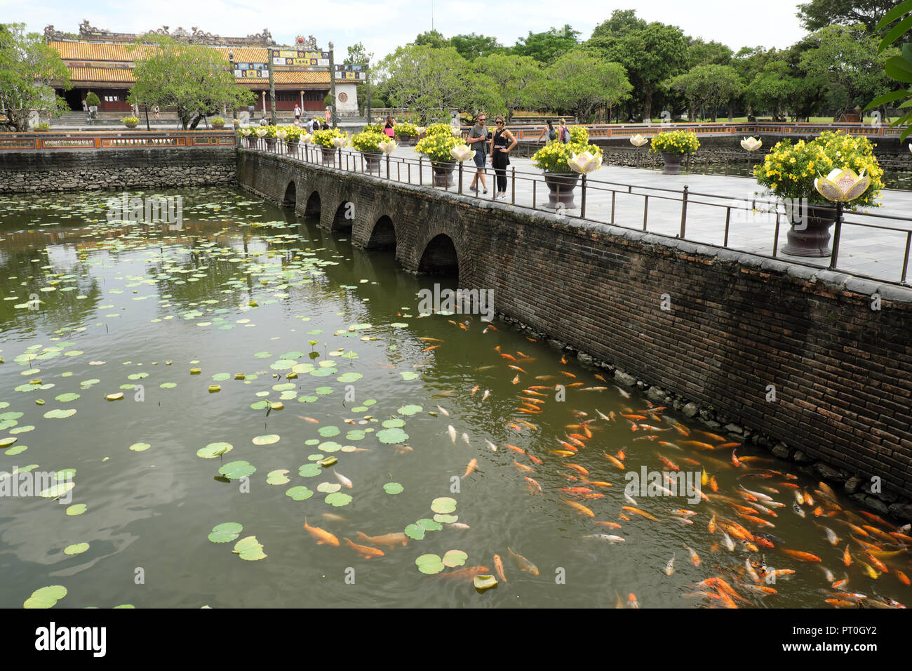 Hue Vietnam - Fossato e carpe stagni di pesce presso la cittadella imperiale conosciuta anche come la Città Imperiale costruito dalla dinastia Nguyen Foto Stock