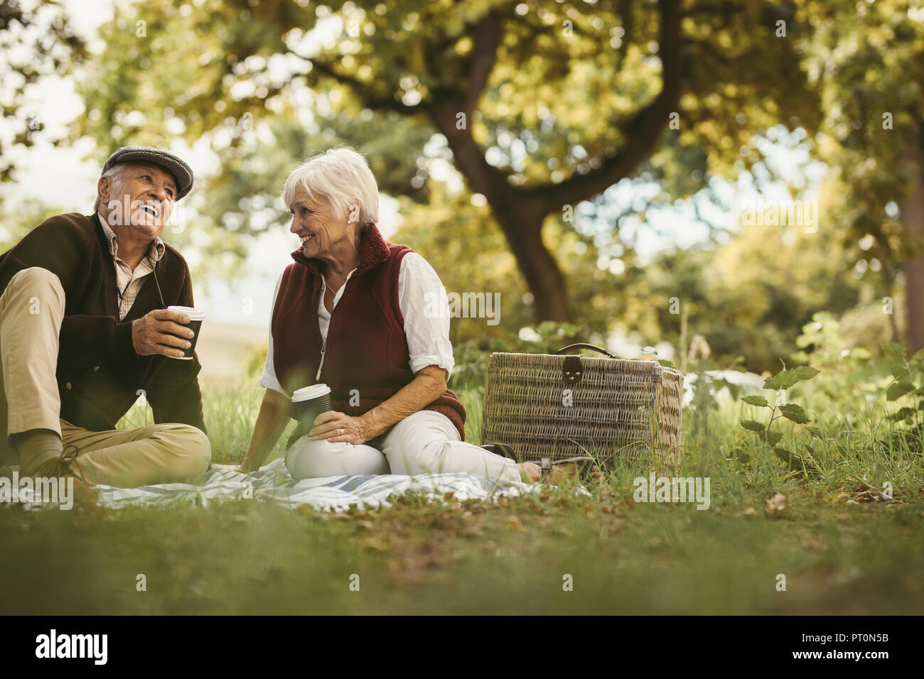 Ritratto di bella coppia senior seduto su una coperta all'aperto godendo del tempo insieme. Vecchia coppia picnic sul fine settimana di vacanza. Foto Stock