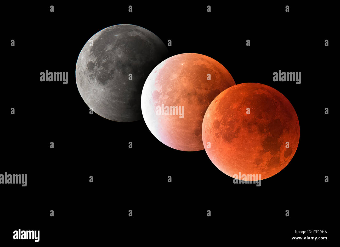Le varie fasi di un'ECLISSE LUNARE TOTALE, sangue luna, la fotografia astronomica Foto Stock