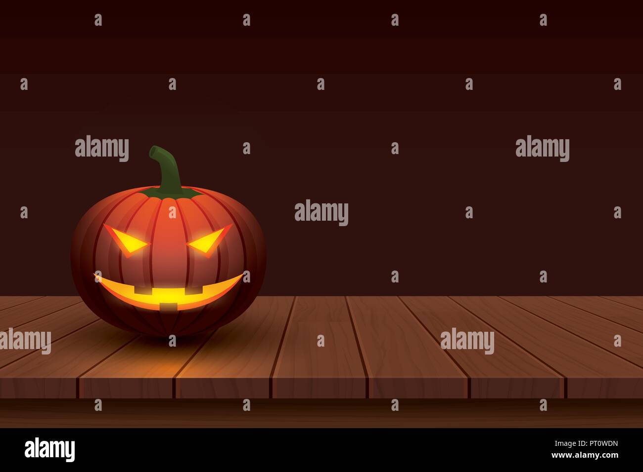 Zucca di Halloween con luce incandescente in faccia sorridente sul tavolo di legno dello sfondo. Illustrazione Vettoriale