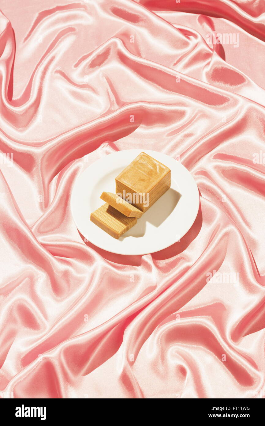 Torta Spekkoek su raso rosa. Proprio come in una donna vintage magazine. Questo costoso torta è popolare in Olanda e in Indonesia. Foto Stock