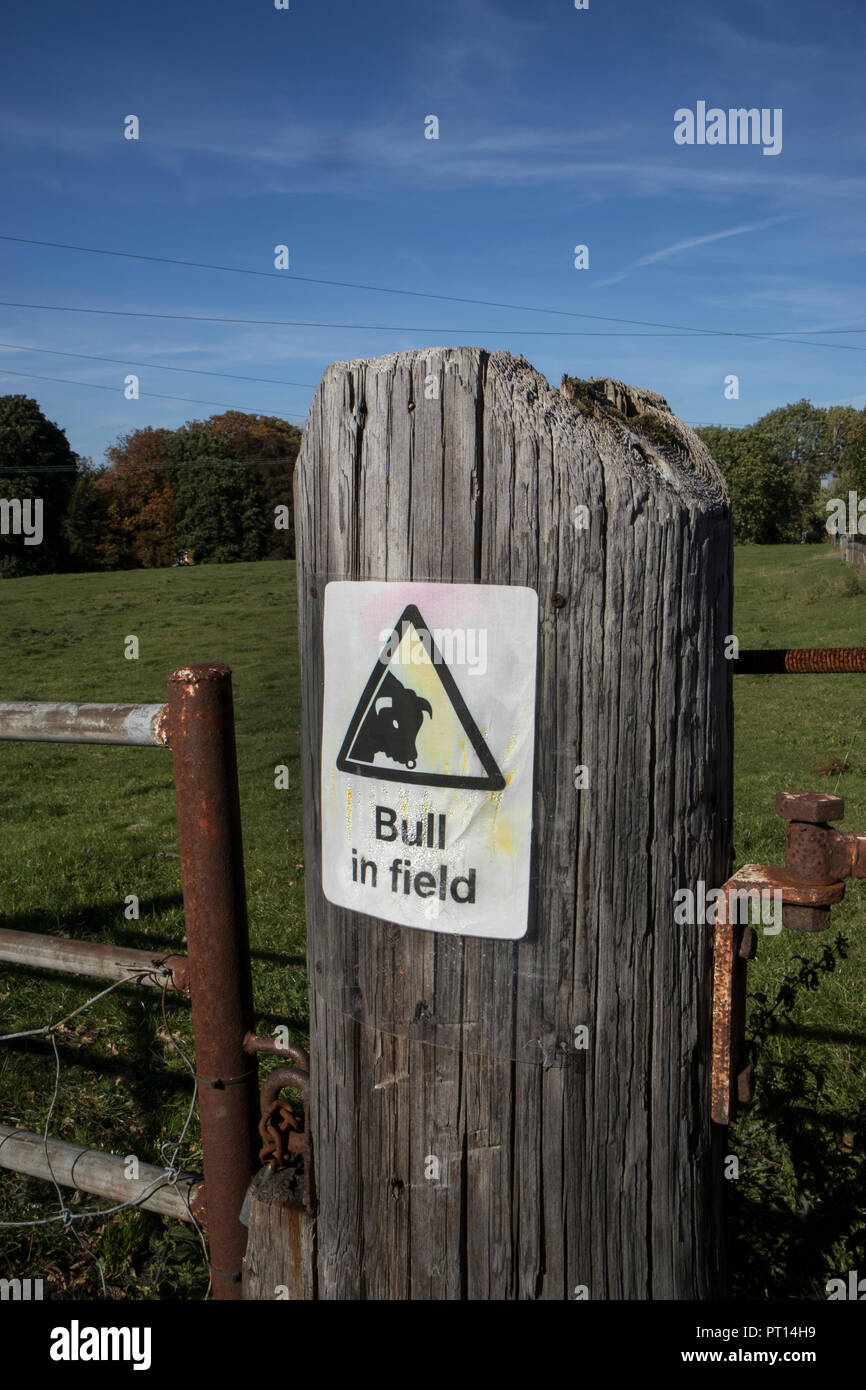 Fate attenzione al segno toro. Bull nel segno del campo su un gatepost Foto Stock