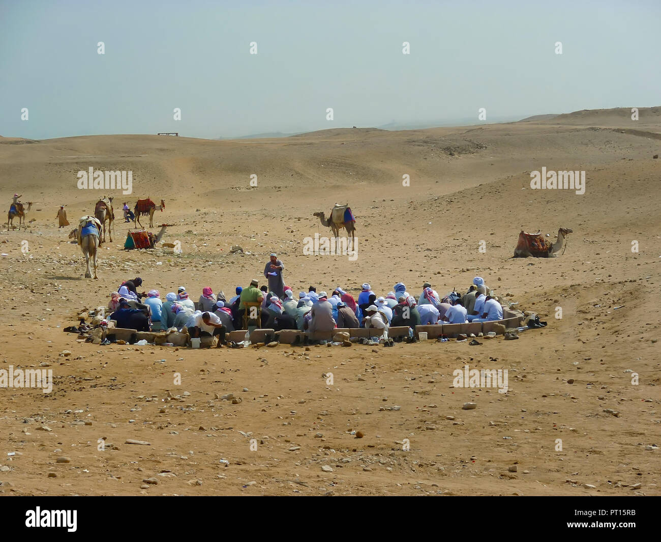 Il Cairo: xx , 2011. Egyptian i proprietari dei cammelli prendendo un freno da turisti a pregare nel deserto del Sahara. Il Cairo, Ottobre 20th. 2011. L'Egitto. Foto Stock