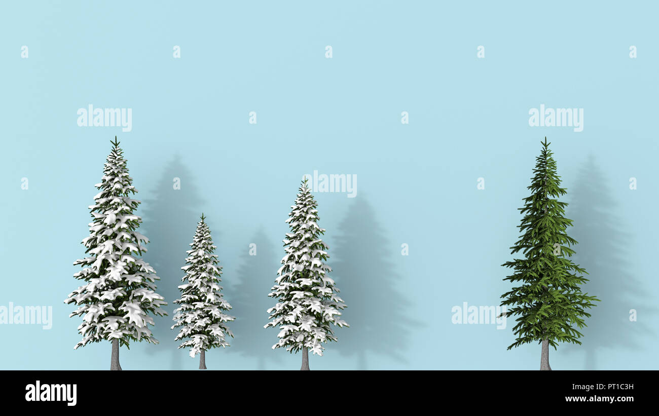 3D rendering, Fila di coperta di neve abeti blu su sfondo, con una verde , aout permanente Foto Stock
