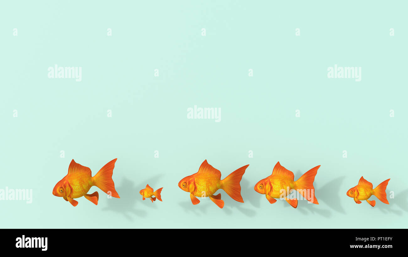 3D rendering, Fila di diversi pesci rossi su sfondo verde Foto Stock