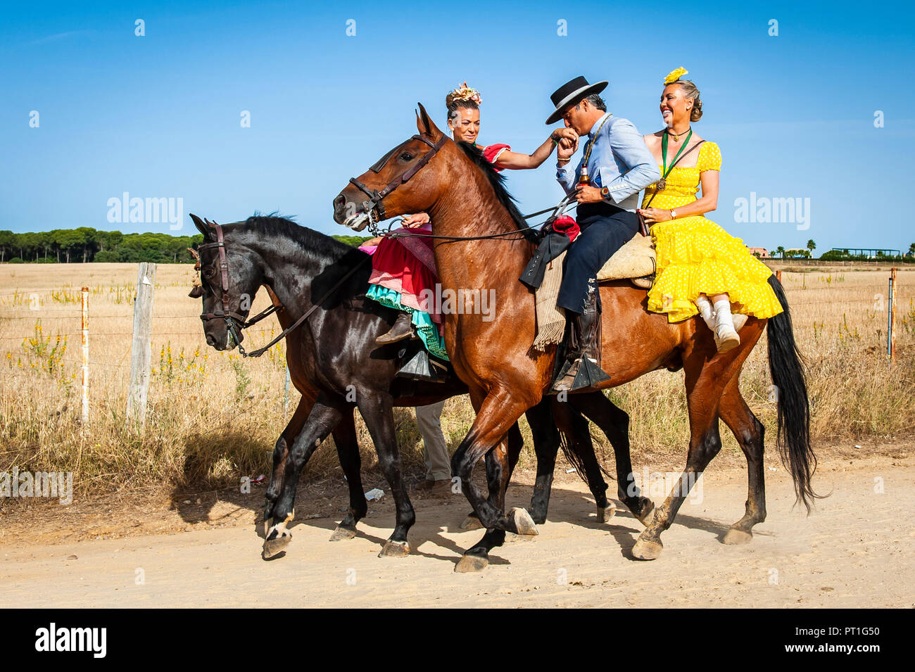 La Romería del Rocio sul modo di Ermita del Rocío, El Rocio, Huelva, Spagna Foto Stock