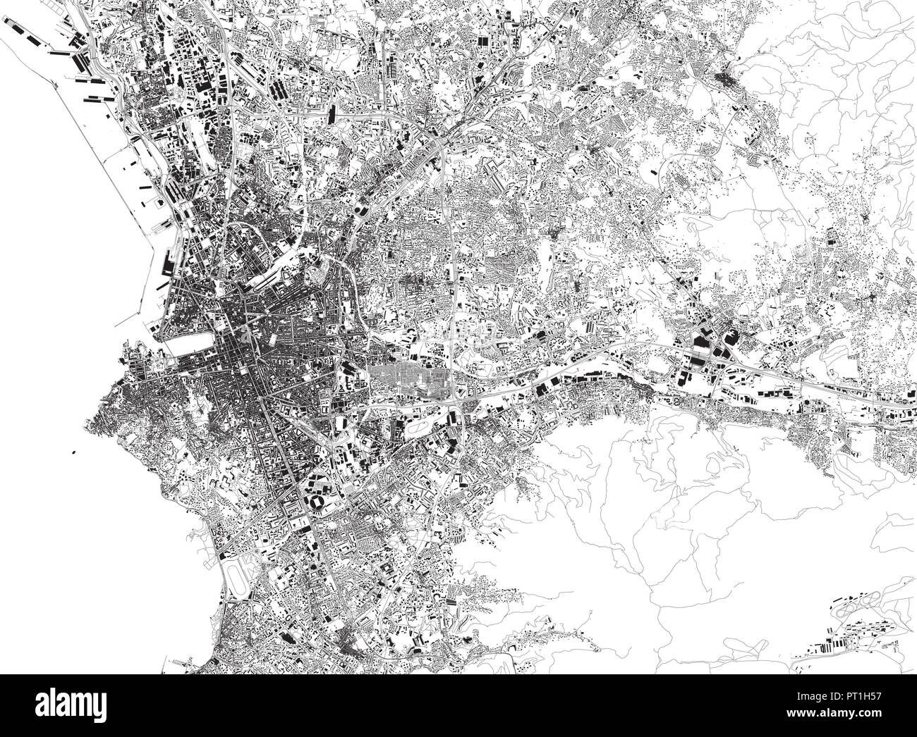 Mappa satellitare di Marsiglia, Francia, per le strade delle città. Mappa stradale, centro città Illustrazione Vettoriale