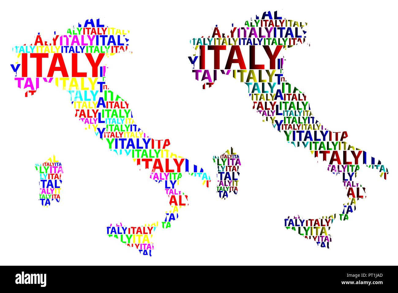 Schizzo Italia (Italiano o penisola Appenninica) testo lettera mappa, Repubblica italiana - nella forma del continente, mappa Italia - colore illustrazione vettoriale Illustrazione Vettoriale